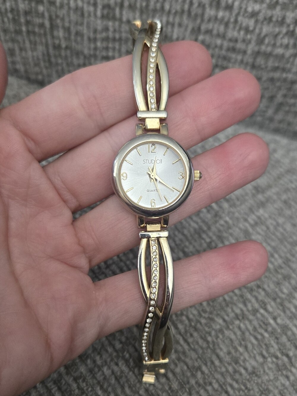 Studio Time Gold-Tone Rhinestone Accented Cuff Bracelet Watch